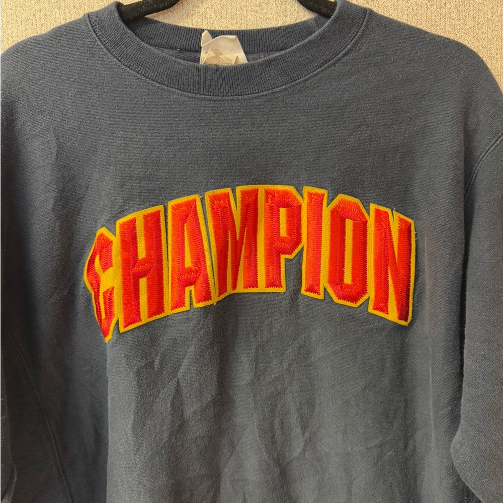 Champion M Reverse Weave Navy Blue Spellout Gold Crewneck Sweatshirt - Picture 2 of 7